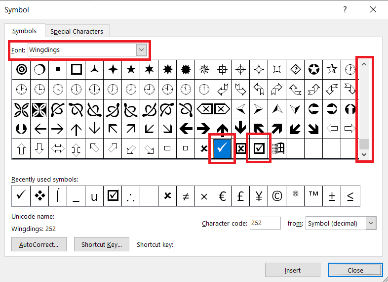 tick symbol for word