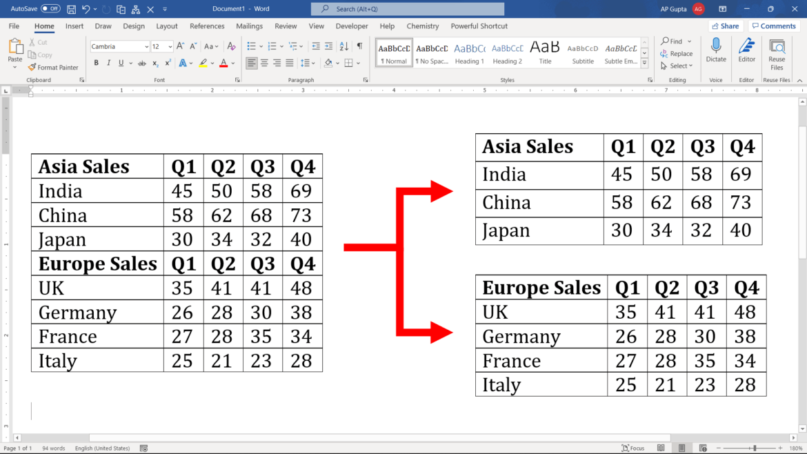 2 ways to split table in Ms Word