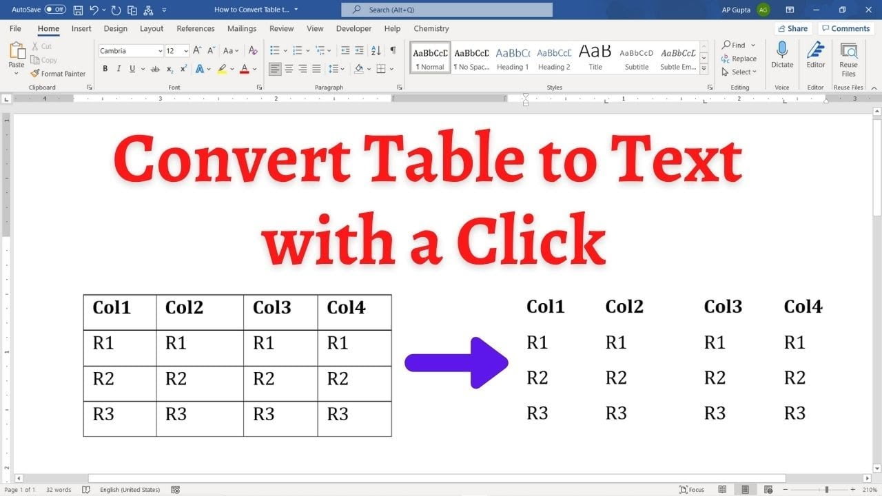 Simple Trick To Convert Table To Text In Ms Word for PC MAC 