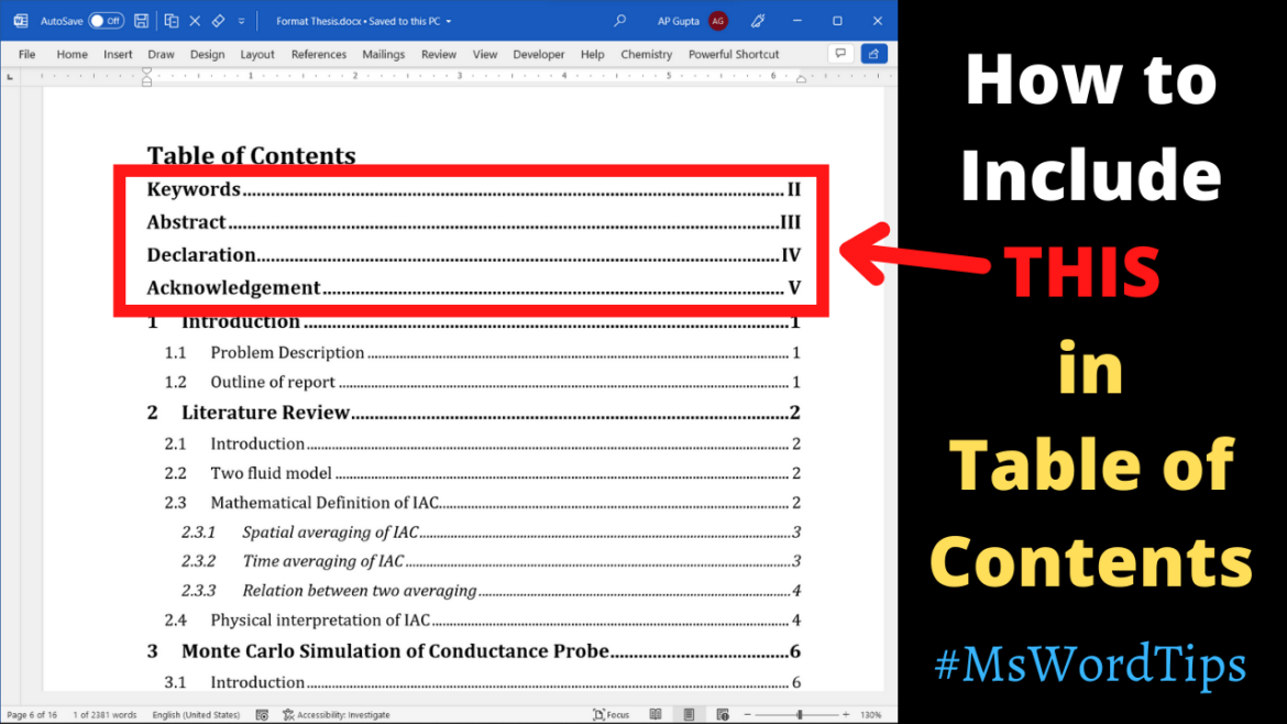 How To Add Abstract And Other Headings To Table Of Contents In Ms Word Pickupbrain Be Smart 1906