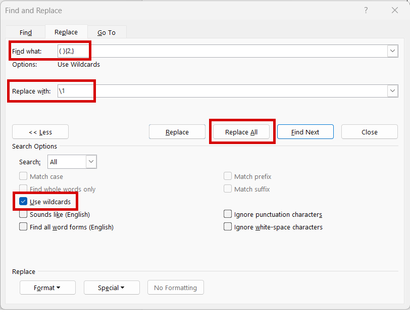 steps to remove all extra space in Ms Word