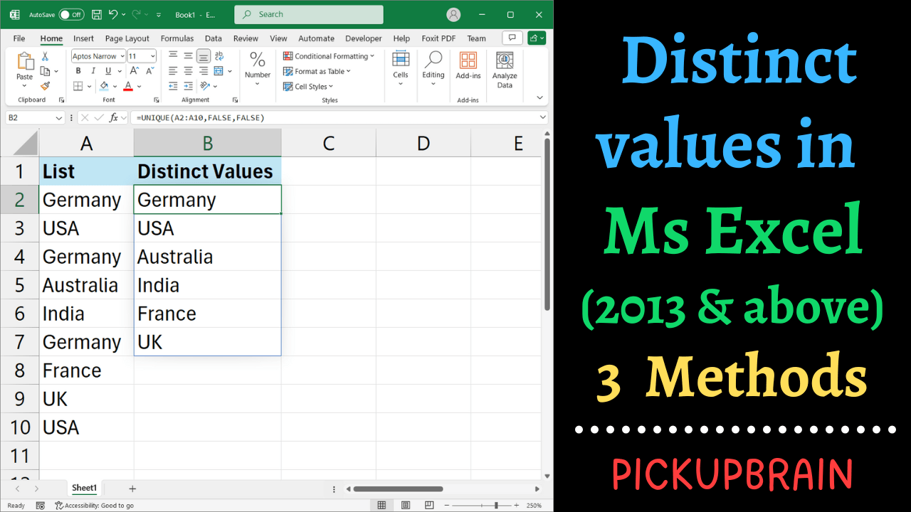 Distinct value in Excel 2013 and above